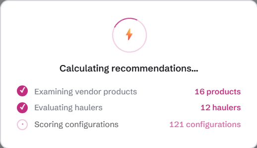 Smart Select calculating: 16 vendor products examined, 12 haulers evaluated, 121 configurations being scored.